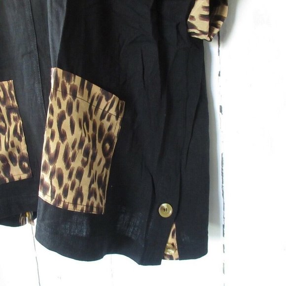 Umgee Top Linen Blend Leopard Print Pockets Short Sleeve Boxy - Picture 3 of 7